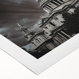 Art deco poster of a cathedral, in muted gray and gold tones on rolled canvas, suitable for dining room wall art.