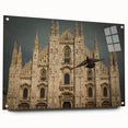 Large abstract wall art of a cathedral in muted gray and blue tones on acrylic glass.