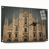 Large abstract wall art of a cathedral in muted gray and blue tones on acrylic glass.