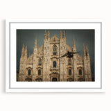 Extra large abstract art print of a cathedral, in muted gray and blue tones on a white framed canvas.