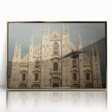 Mid-century modernist cathedral design in gold and blue tones on a framed acrylic, suitable for nursery wall art.