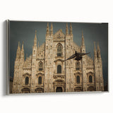 Vintage poster art of a cathedral in colorful hues on a large framed canvas, suitable for living room decor.