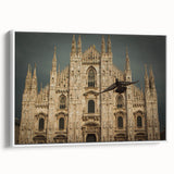 Framed canvas of a vintage cathedral landscape in black and white, ideal for bedroom wall art.