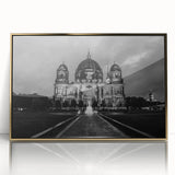 Mid-century modernist cathedral artwork in gold and black shades, acrylic print, ideal for nursery wall decor.
