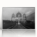 Mid-century modernist cathedral design on a large framed acrylic print, in muted earth tones, ideal for nursery wall art.