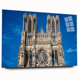 Large abstract wall art of a cathedral, in muted gray tones on acrylic glass, ideal for bedroom or dining room decor.