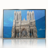Art deco poster of a cathedral, in muted silver and gray tones on acrylic, ideal for modern nursery wall decor.