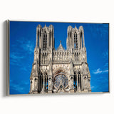 Vintage poster art of a cathedral in colorful art style, framed canvas in silver, ideal for living room wall decor.