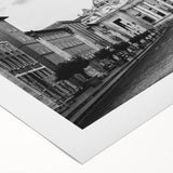 Art deco poster of a cathedral, in muted gray tones on rolled canvas, suitable for dining room or bathroom wall art.