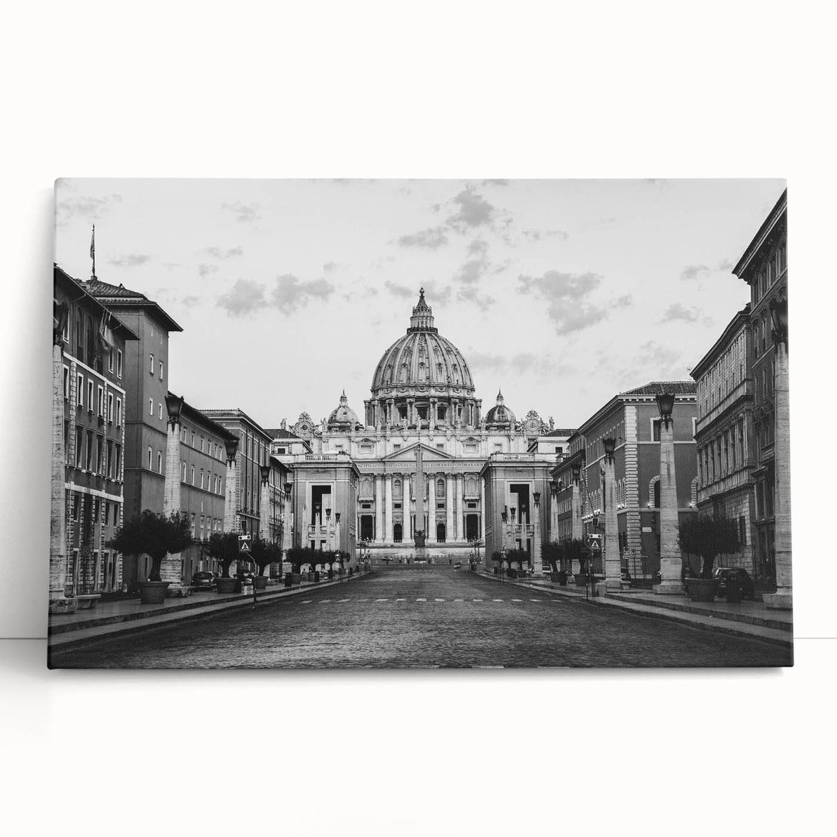 Black and white stretched canvas of a cathedral design, ideal for kitchen wall art or bedroom ambiance.
