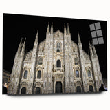 Abstract cathedral design in muted gray and blue tones on large acrylic glass, suitable for bedroom or dining room art.
