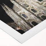Art deco poster of a cathedral, in muted gray and blue tones on rolled canvas, suitable for dining room wall art.