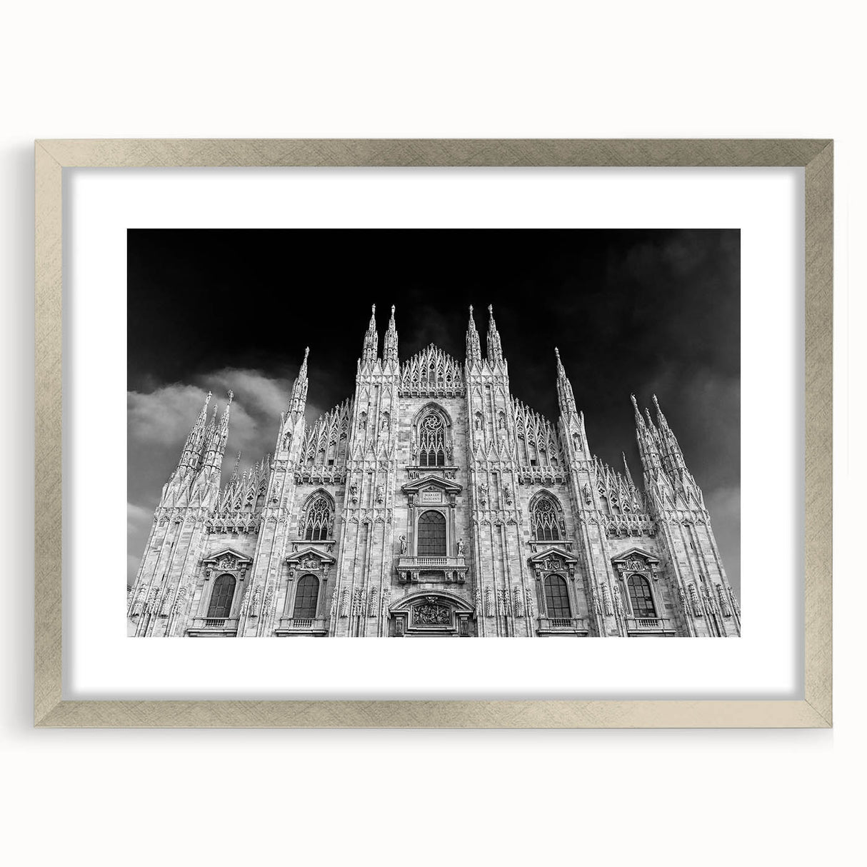 Abstract art print of a cathedral, featuring a blend of muted gray and blue tones on a framed silver mat.