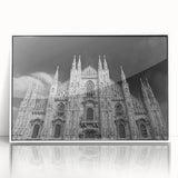 Mid-century modernist cathedral design on large acrylic print with neutral tones, ideal for modern art wall decor.