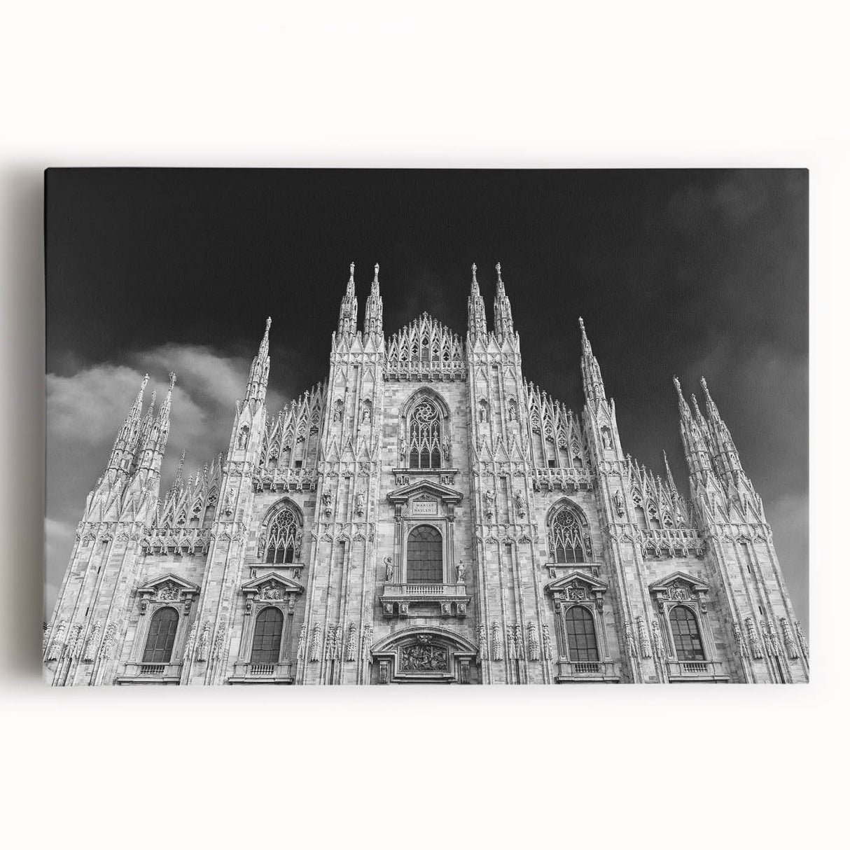Black and white stretched canvas of a cathedral design, ideal for kitchen wall art.