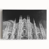 Black and white stretched canvas of a cathedral design, ideal for kitchen wall art.