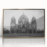 Mid-century modernist church design in gold and white tones on a framed acrylic, suitable for nursery wall art.
