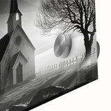 Large abstract wall art featuring mid-century modernist church design in muted pastels on acrylic glass.