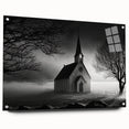 Large abstract wall art on acrylic glass depicting a modernist church design in muted gray and blue tones.