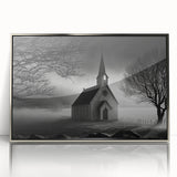Art deco poster of a church in muted silver and gray tones on acrylic, ideal for modern bedroom ambiance.
