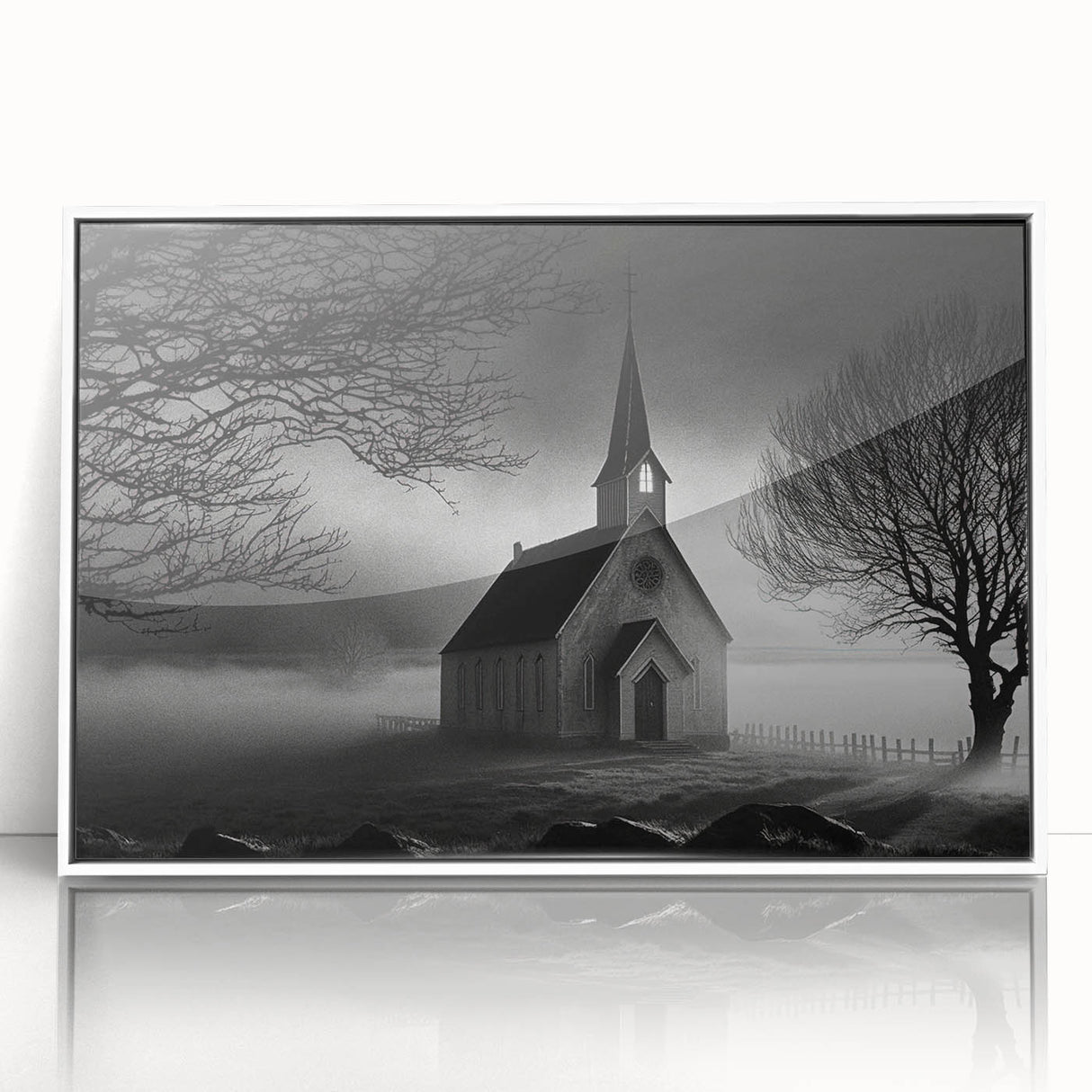 Mid-century modernist church design in muted pastel shades on a white framed acrylic, ideal for nursery wall art.