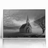 Mid-century modernist church design in muted pastel shades on a white framed acrylic, ideal for nursery wall art.