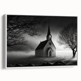 Framed canvas of a vintage landscape painting featuring a church, in muted earth tones, ideal for bedroom wall art.