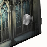 Large abstract wall art on acrylic glass featuring mid-century modernist church designs in muted earth tones.