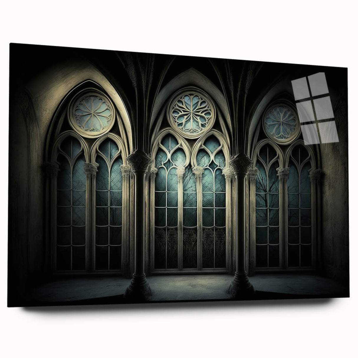 Large abstract wall art on acrylic glass depicting a minimalist church design in muted tones.