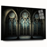 Large abstract wall art on acrylic glass depicting a minimalist church design in muted tones.