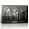 Large abstract wall art featuring a mid-century modernist church design in black and white tones on framed acrylic.