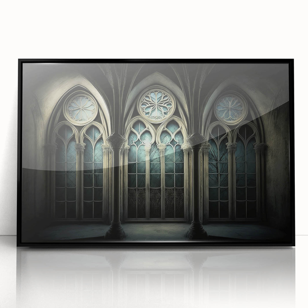 Large abstract wall art featuring a mid-century modernist church design in black and white tones on framed acrylic.