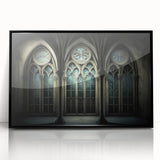 Large abstract wall art featuring a mid-century modernist church design in black and white tones on framed acrylic.