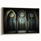 Framed canvas featuring a vintage poster art of a colorful landscape with churches, in gold and black tones.