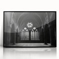 Large abstract wall art depicting a mid-century modernist church in muted gray and blue tones, framed in black acrylic.
