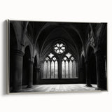 Vintage poster art of a church in muted colors, framed canvas, ideal for living room decor.