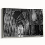 Vintage poster art of a church, rendered in colorful strokes on a large black framed canvas, suited for living room decor.