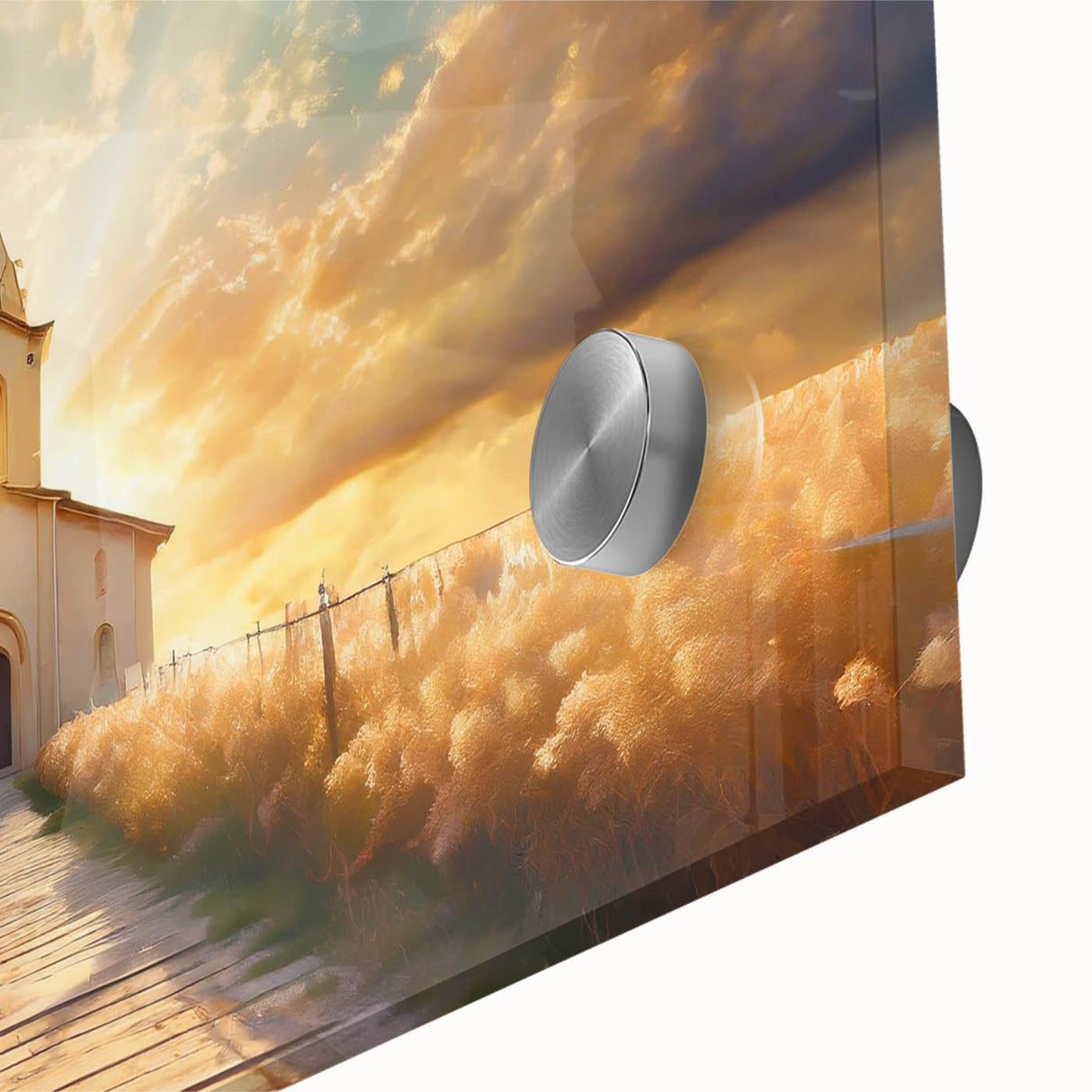 Large abstract wall art featuring mid-century modernist church design in muted earth tones on acrylic glass.