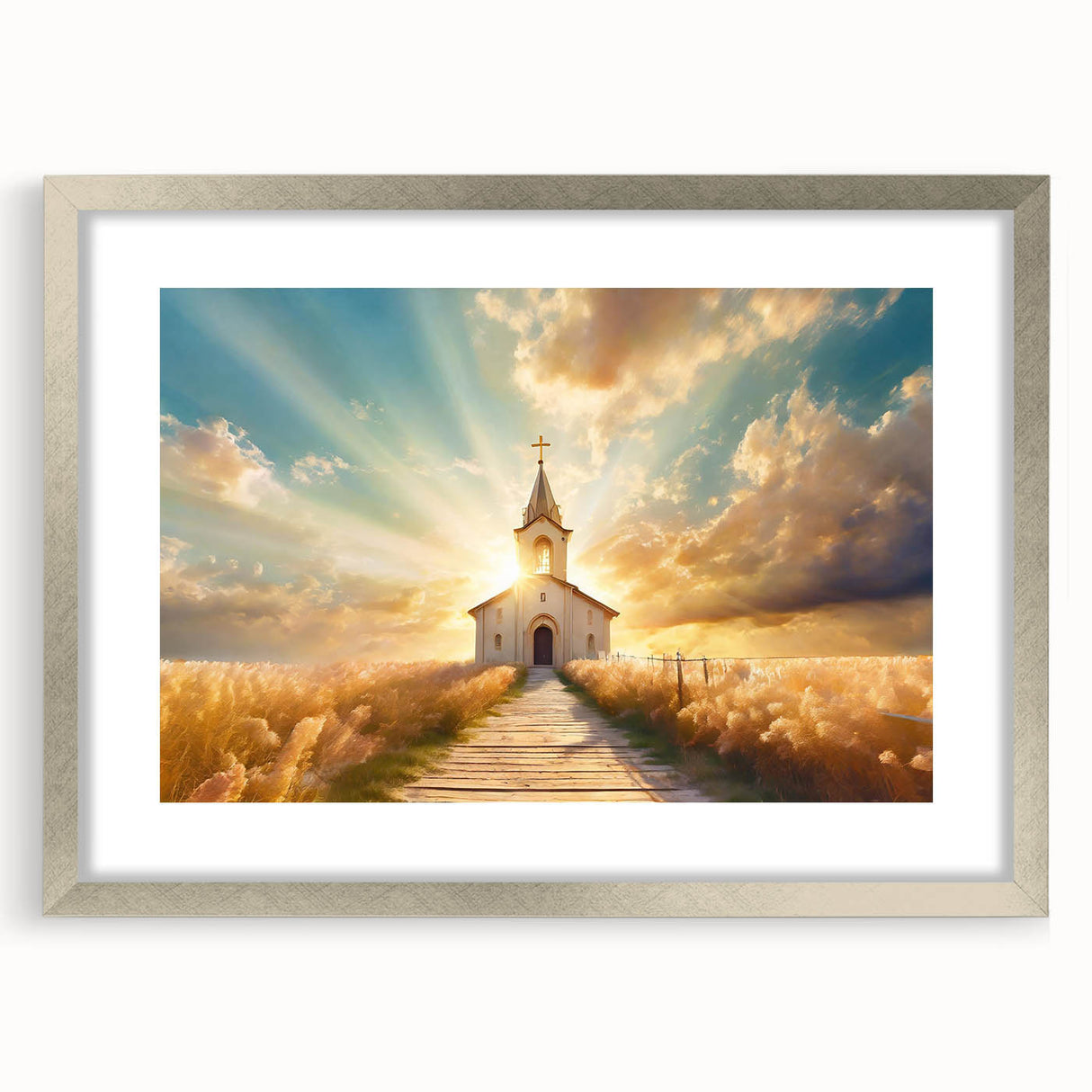 Abstract art print of a church, in silver frame with mat, featuring cool blue and white tones.