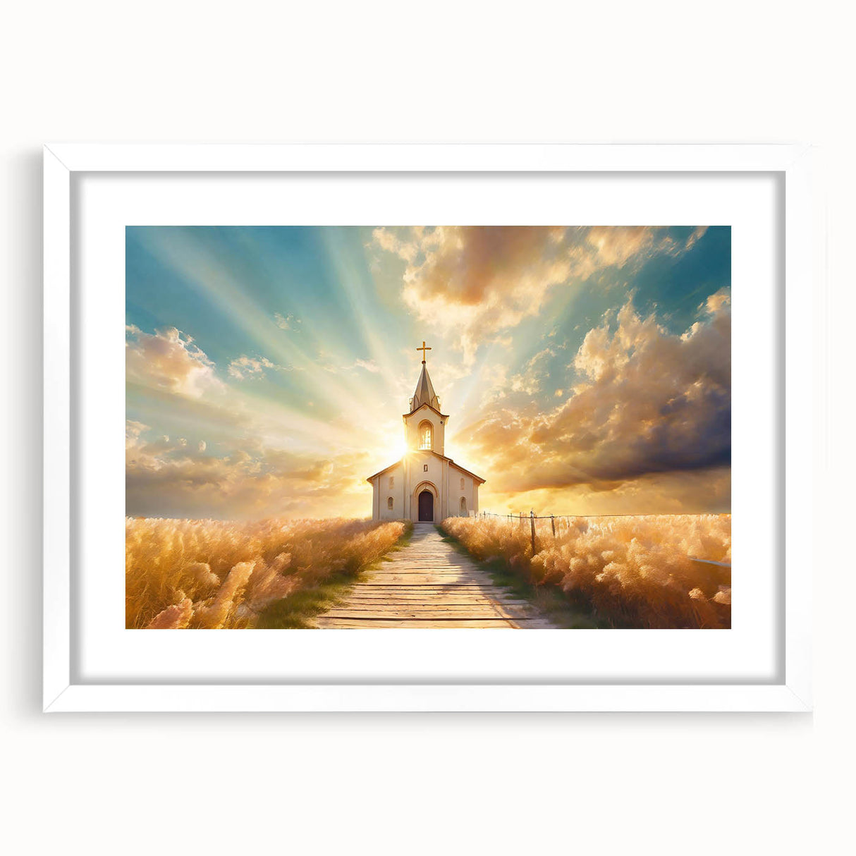 Extra large abstract art print of a textured church design in muted tones on a white framed canvas.