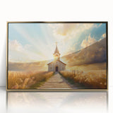 Mid-century modernist church design in gold and white tones on a framed acrylic, ideal for nursery wall art.