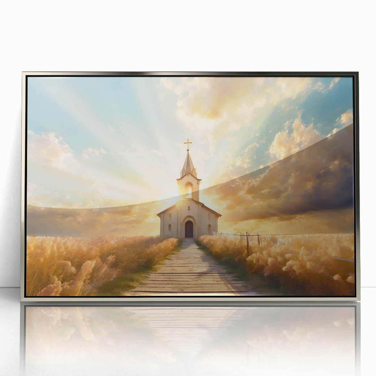 Art Deco poster featuring a stylized church design in silver and black tones, acrylic print framed in silver.