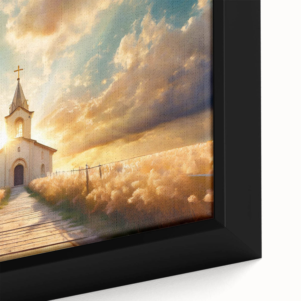 Extra large black wall art depicting a textured, colorful abstract church design on a framed canvas.