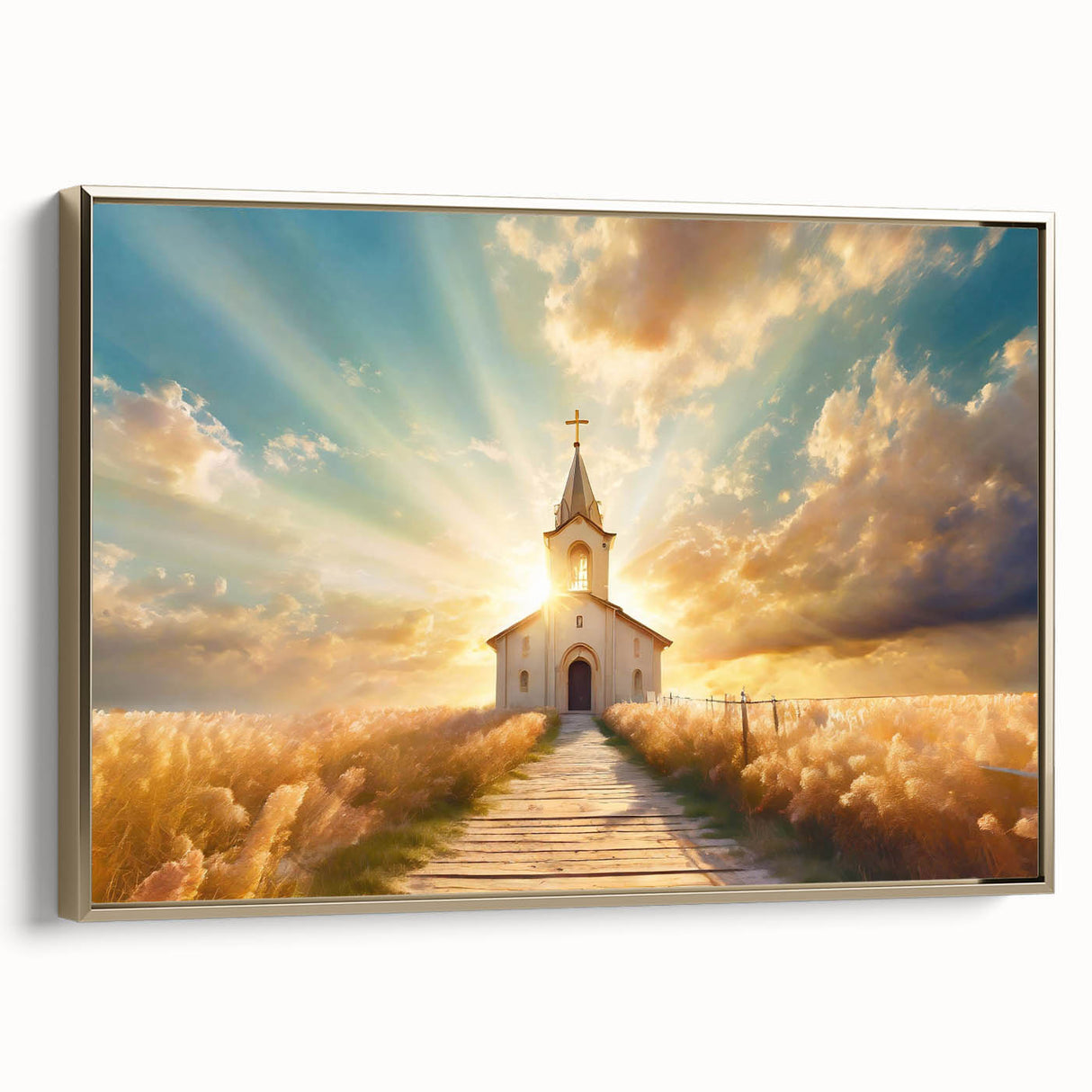 Landscape art painting featuring a vintage church design in colorful art tones on a black framed canvas.