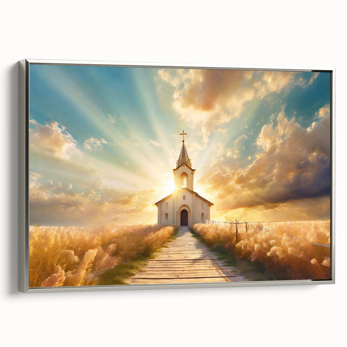 Vintage poster art featuring a black and colorful church design on a framed canvas, ideal for extra large living room decor.