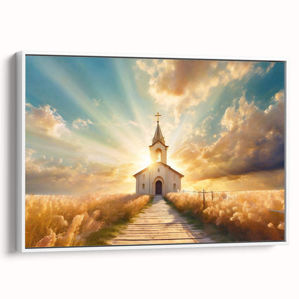 Framed canvas depicting a vintage black and white church landscape, ideal for bedroom wall art.