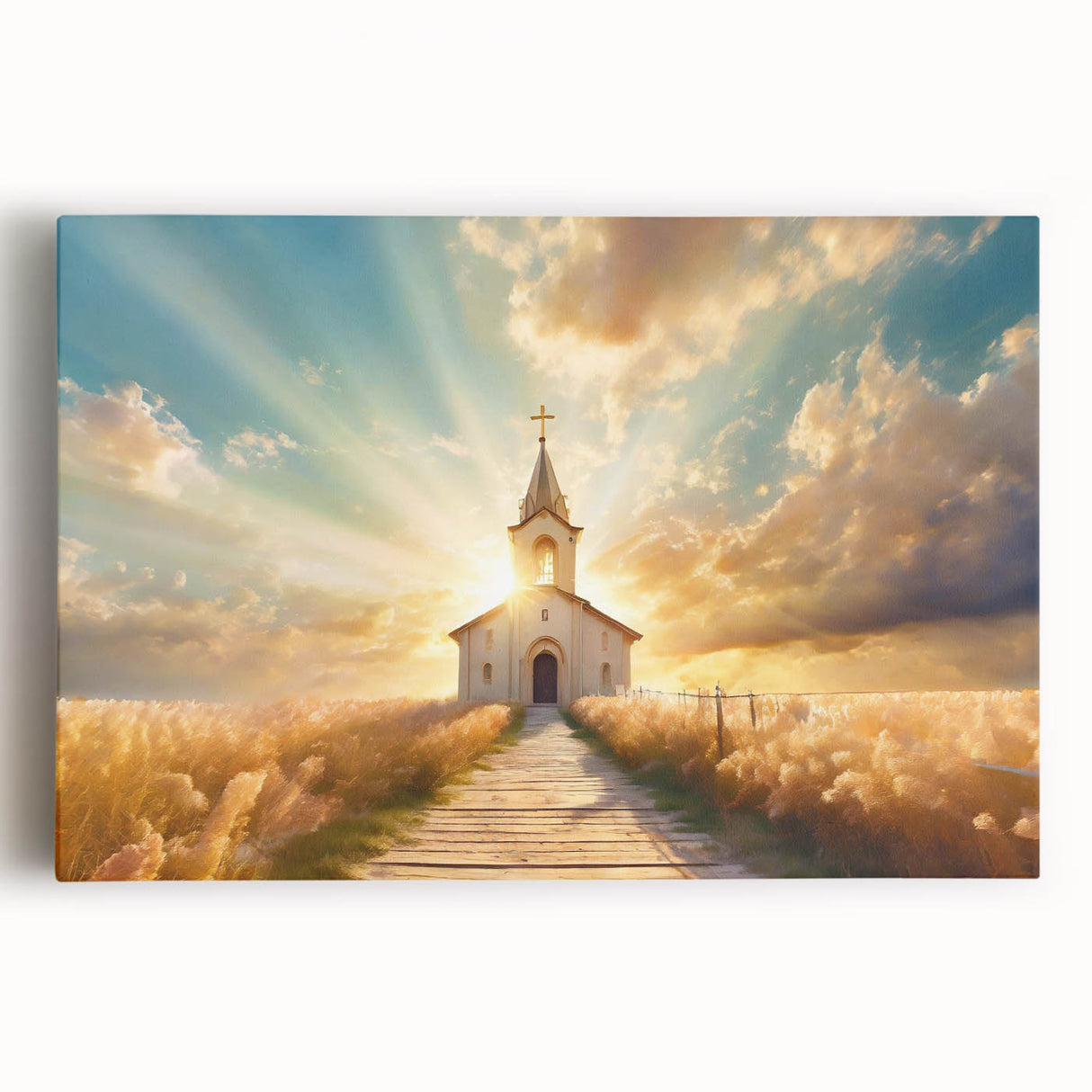 Black and white print of a church on stretched canvas, suited for kitchen wall art.