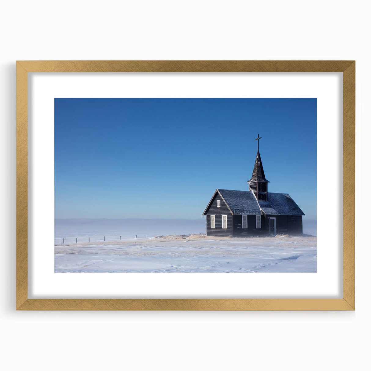 Textured abstract art print of a church, in muted gold and cream tones, framed with a gold mat, ideal for bedroom art.