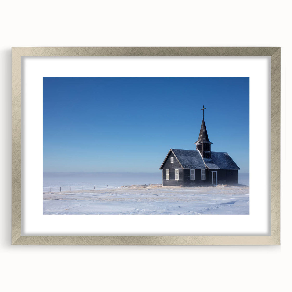 Abstract art print of a church in muted gray and silver tones on framed canvas, suitable for dining room decor.