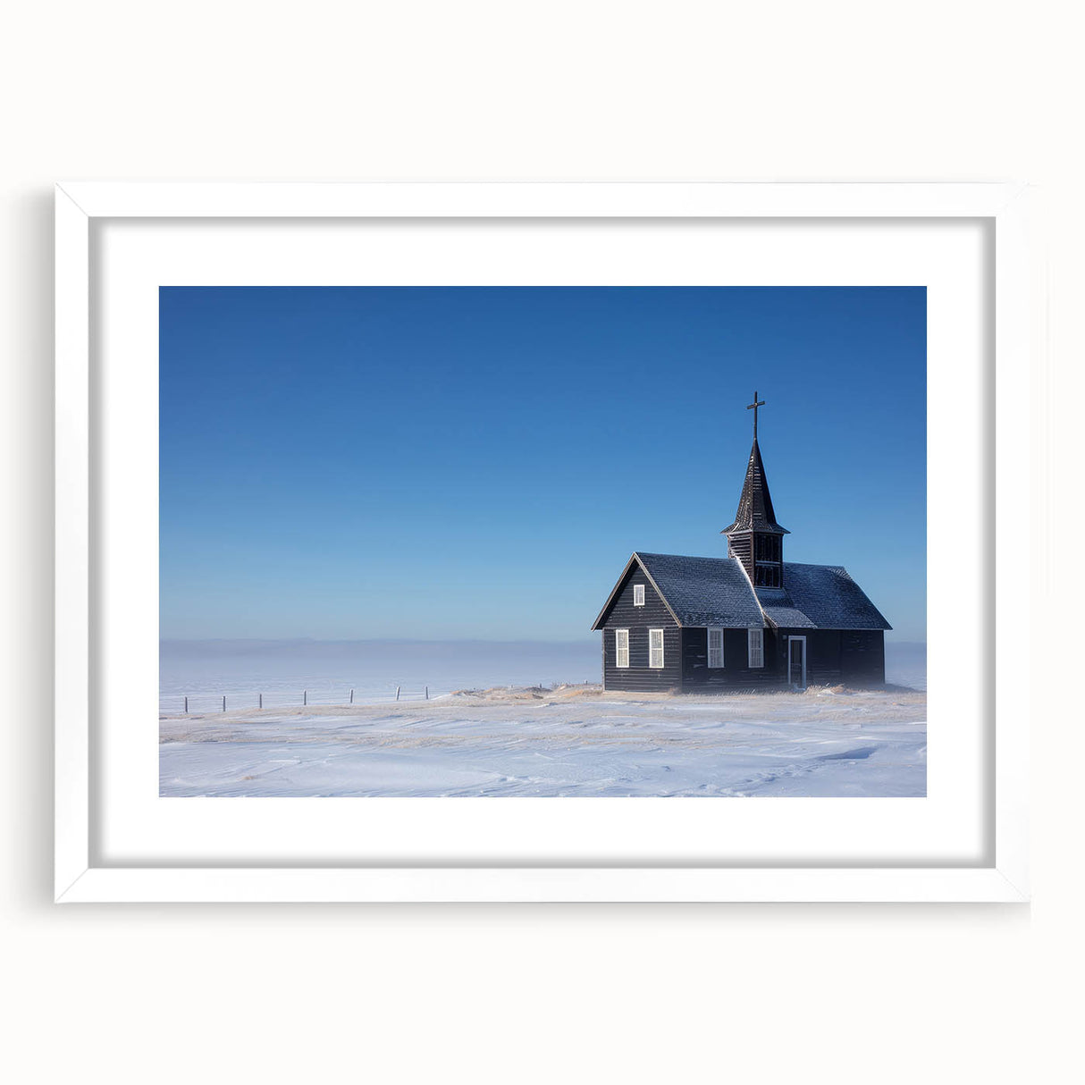 Extra large abstract art print featuring a textured depiction of a church, in muted earth tones on a framed white mat.